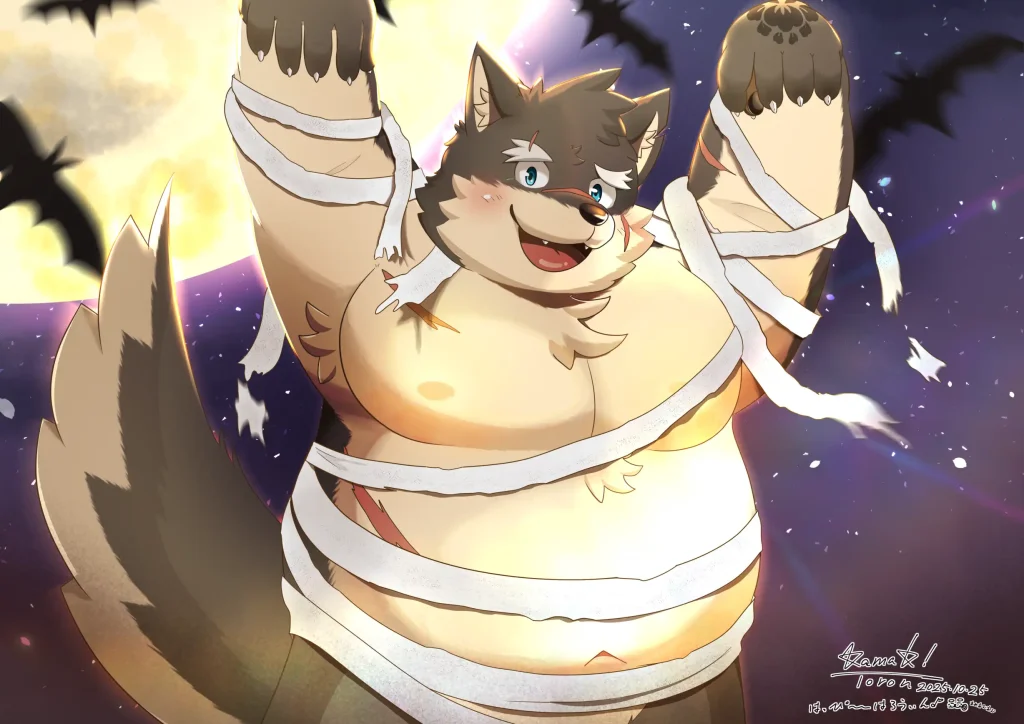 満月の夜、包帯男のコスプレをしたモリタカくん