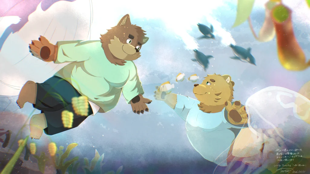 コバンソウ、ウツボカズラがいる海の中にいる2人のイラストです。